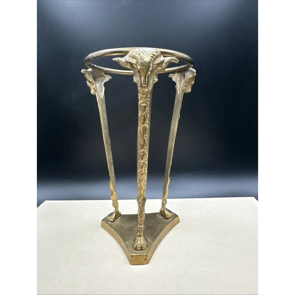 Vtg MCM Brass Stand Paired w Pottery Barn Glass Candle Holder Ram Head Man‎ Cave